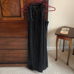 High Neck Black Sequin Dress with Silk Ribbon Size L Mid Length